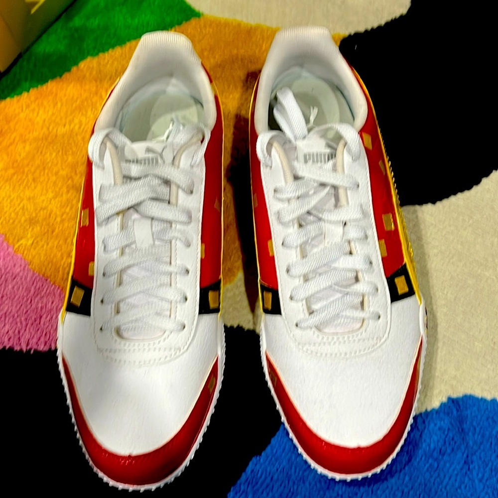 Gently used custom made shoes for women red yellow and gold painted flakes